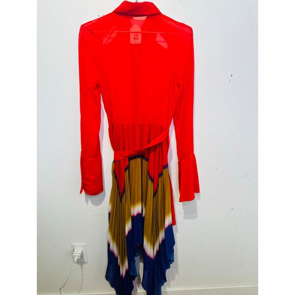 THEBE MAGUGU Red Gradient Asymmetric Pleated Cocktail Collared Chiffon Dress M - Picture 2 of 16